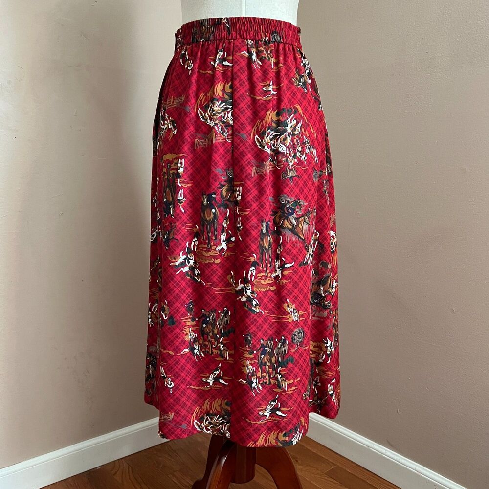 Vintage Leslie Fay Red Equestrian Horse Print Midi Skirt Derby Prairie Size 8P - Picture 4 of 12